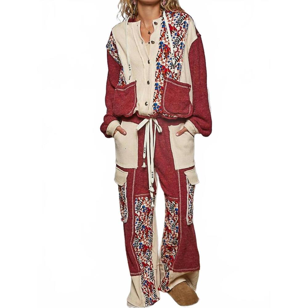 NEW POL contrast thermal knit patchwork pants in burgundy - Picture 5 of 5